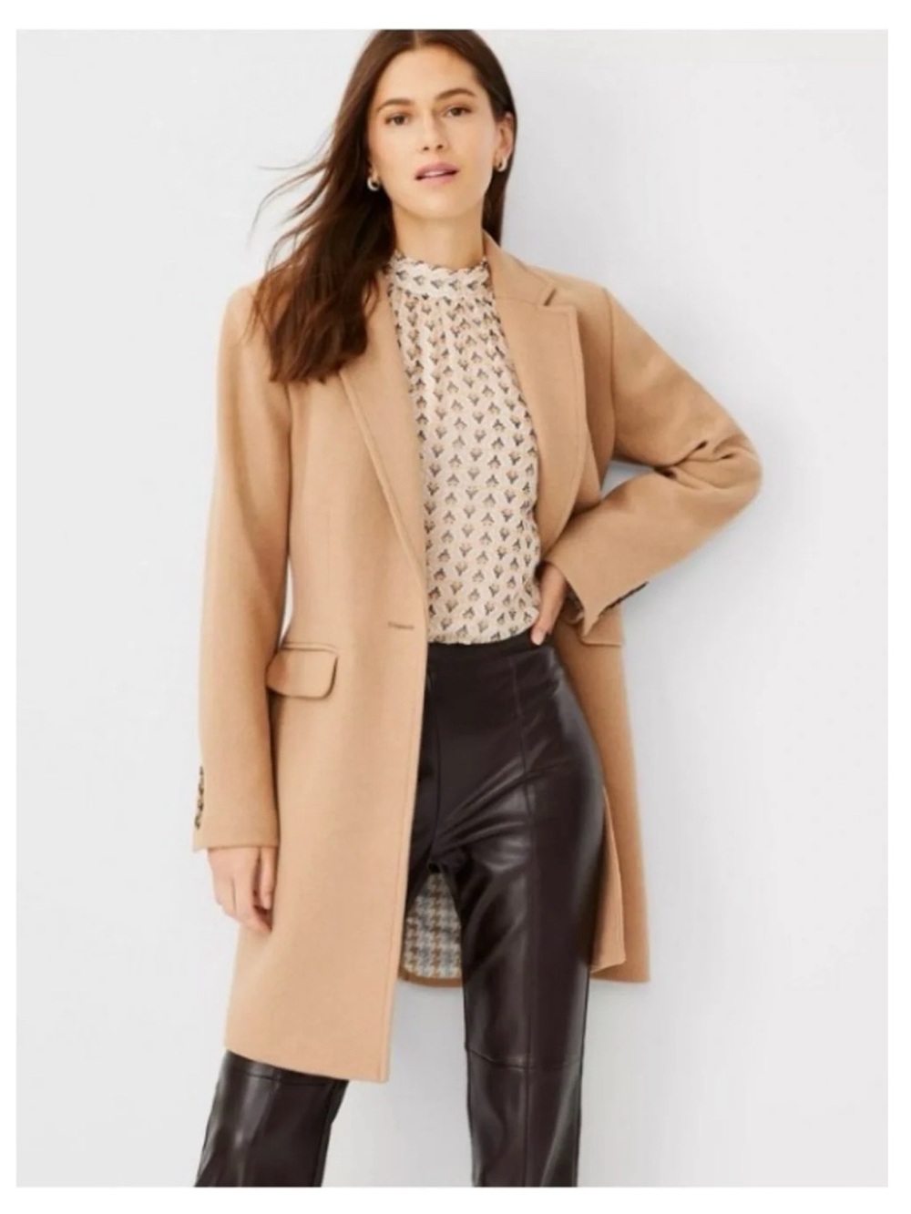 Ann Taylor classic camel color Single-Button Wool-Blend Notch Lapel Coat - Picture 2 of 4